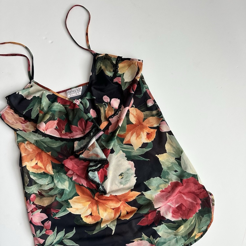 Vintage Feather Bed Intimate Chemise Nightgown Size M Black Floral V-Neck